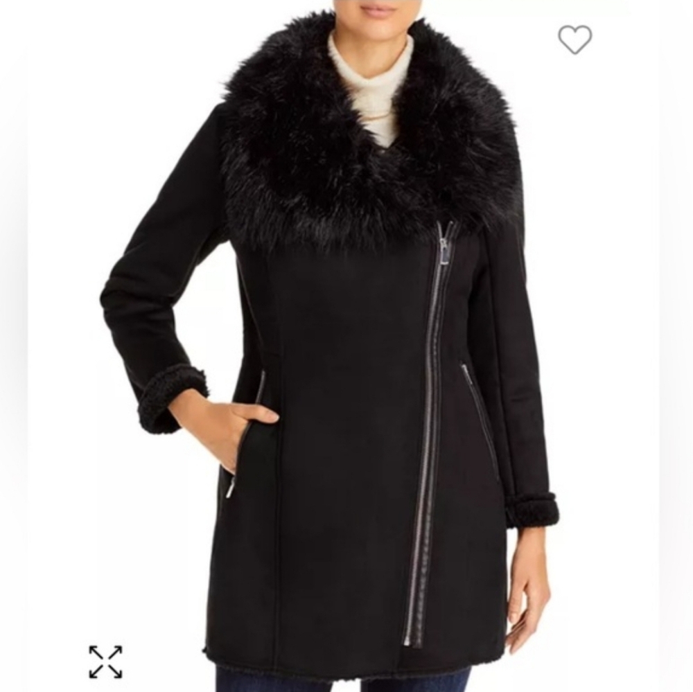 Calvin Klein Asymmetrical Faux-Suede Coat - Black - Size Small